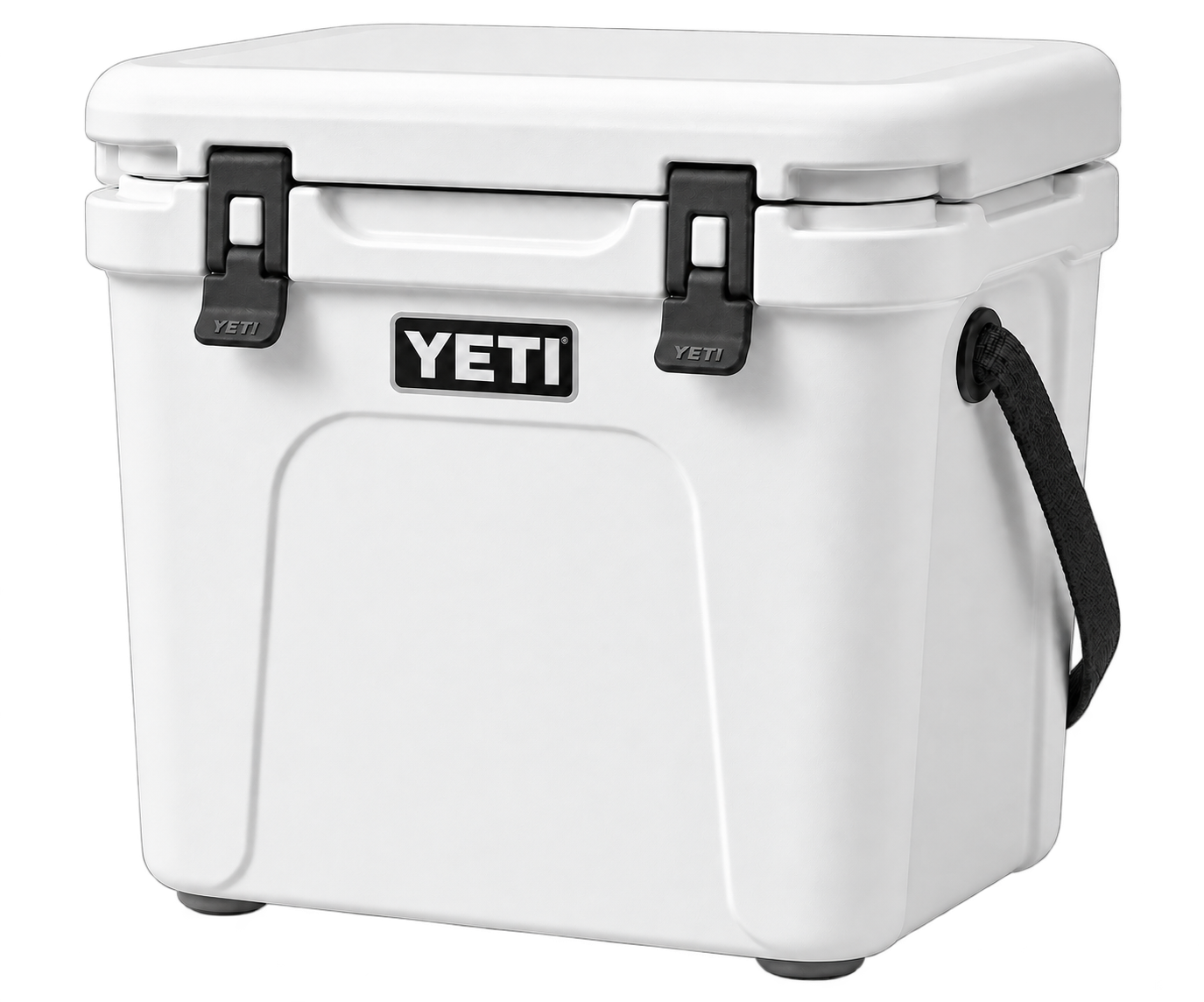 Plain white YETI cooler with factory branding only